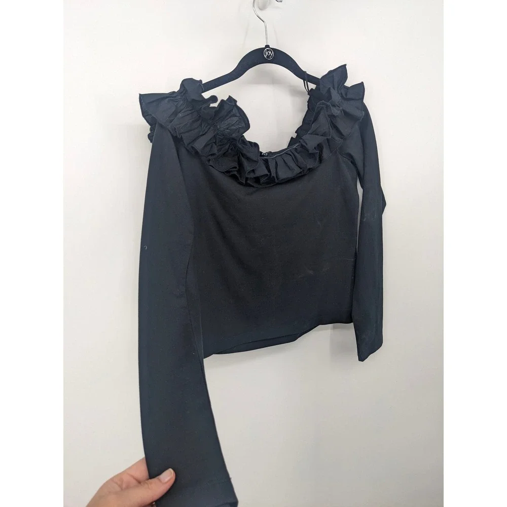 J Crew Off Shoulder Top Womens Medium Black‎ Ruffle Long Sleeve Blouse Party NYE